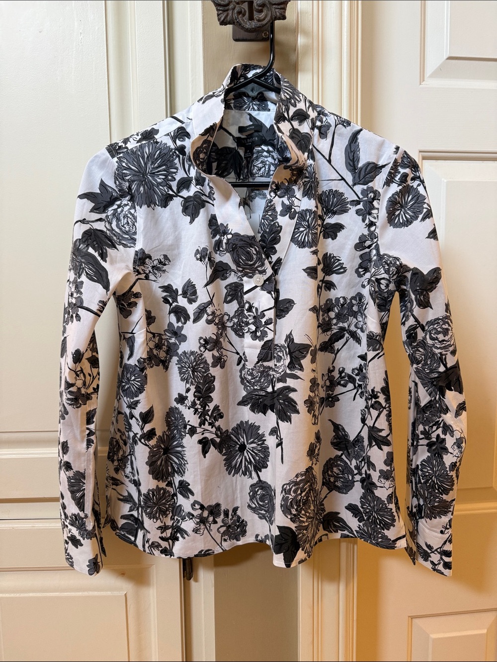 Talbots Petite Black and White Floral Button-Up Blouse